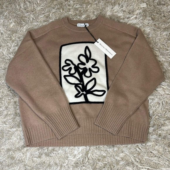 White + Warren || Cashmere Floral Applique Crewneck || Camel || S || NWT - Picture 4 of 4